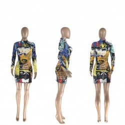 Mock Neck Long Sleeve Printed Short Dresses