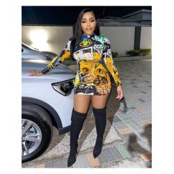 Mock Neck Long Sleeve Printed Short Dresses Mock Neck Long Sleeve Printed Short Dresses