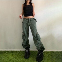 Street Solid Wide Leg Cargo Jean Trousers