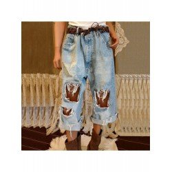  Casual Pure Color Ripped Jeans For Women