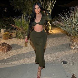  Pure Color Crop Top And Long Skirt Suits