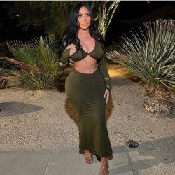  Pure Color Crop Top And Long Skirt Suits