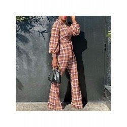 Casual Lantern Neck Plaid Women's Two-Piece Set  Casual Lantern Neck Plaid Women's Two-Piece Set