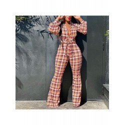 Casual Lantern Neck Plaid Women's Two-Piece Set  Casual Lantern Neck Plaid Women's Two-Piece Set