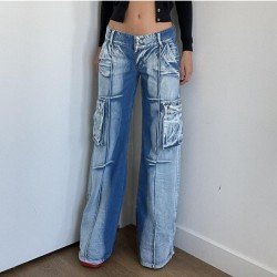 Designer Blue Wide Leg Low Rise Jean Pants