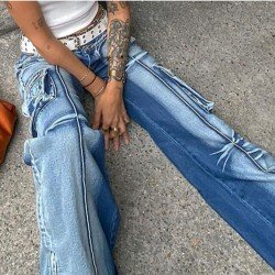 Designer Blue Wide Leg Low Rise Jean Pants