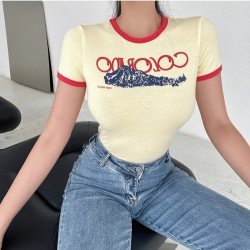 Summer Contrast Color Printing Short Sleeve Top