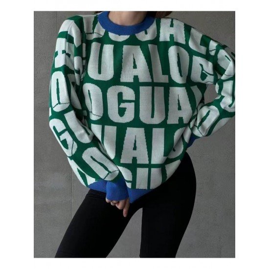  2024 Round Neck Loose Letter Contrast Color Sweater