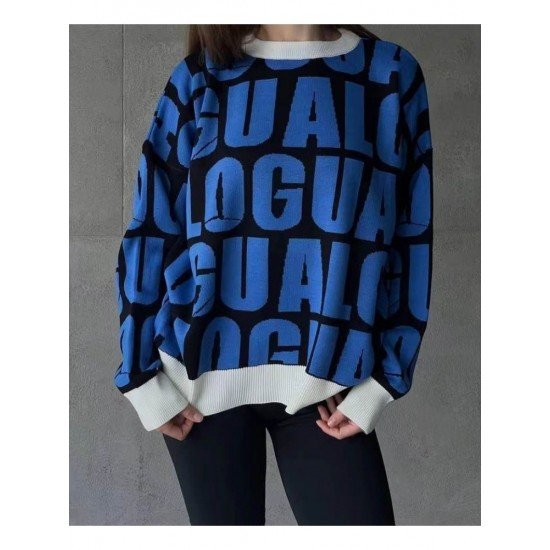  2024 Round Neck Loose Letter Contrast Color Sweater