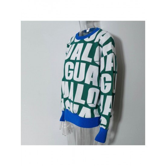  2024 Round Neck Loose Letter Contrast Color Sweater