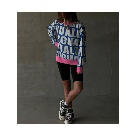  2024 Round Neck Loose Letter Contrast Color Sweater