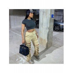 Straight Ripped Hollow Out Casual Drawstring Trousers Straight Ripped Hollow Out Casual Drawstring Trousers