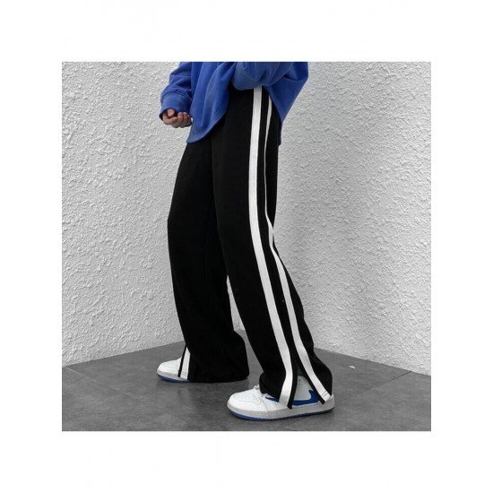  Loose Casual Split Hem Contrast Color Long Pants