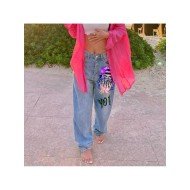 Street Hip Hop Graphic Light Blue Jeans