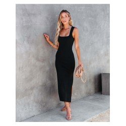 Casual Black Square Neck Backless Slit Sleeveless Dress Casual Black Square Neck Backless Slit Sleeveless Dress