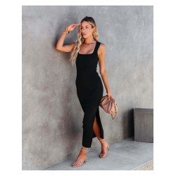 Casual Black Square Neck Backless Slit Sleeveless Dress Casual Black Square Neck Backless Slit Sleeveless Dress