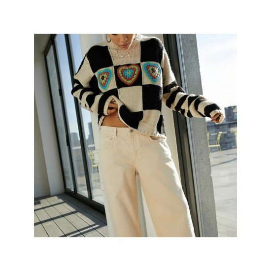  2024 Contrast Color Checkerboard Knitted Sweater