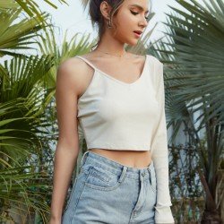 One Long Sleeve V Neck Cropped Tops