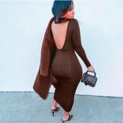  Sexy Pure Color Backless Women's Long Sleeve Dress