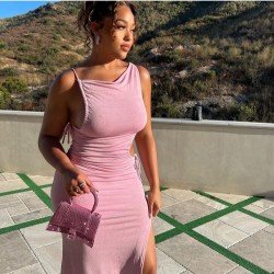 Designer Pink Inclined Shoulder Cut Out Slit Dress