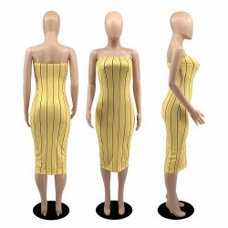  Sexy Backless Strapless Striped Women's Midi Skirt