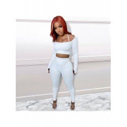 Pure Color Matching Cropped Top And Trouser Sets