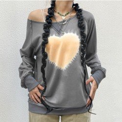  Casual Loose Heart Printing Slant Shoulder Women's Sweater