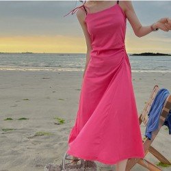 Summer Ladies Solid Spaghetti Straps Midi Dress