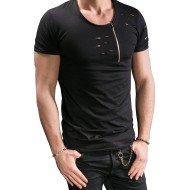  Men's Pure Color Zipper Ripped Short Sleeve T-Shirt