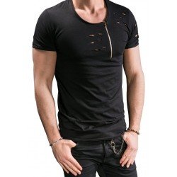 Men's Pure Color Zipper Ripped Short Sleeve T-Shirt  Men's Pure Color Zipper Ripped Short Sleeve T-Shirt