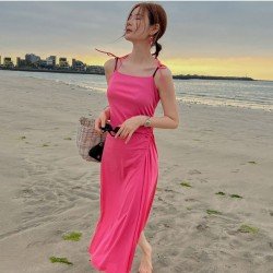 Summer Ladies Solid Spaghetti Straps Midi Dress