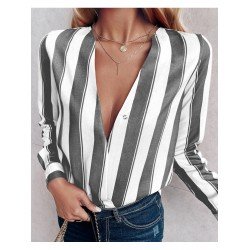 Casual Deep V-Neck Striped Women's Long Sleeve Shirt  Casual Deep V-Neck Striped Women's Long Sleeve Shirt