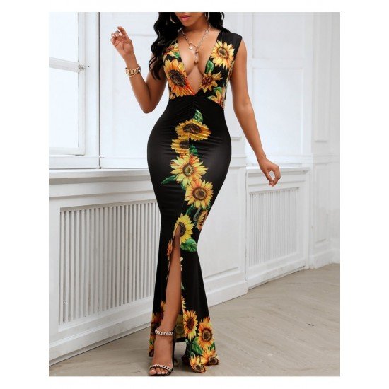  Summer V-Neck Split Hem Printing Women's Dress