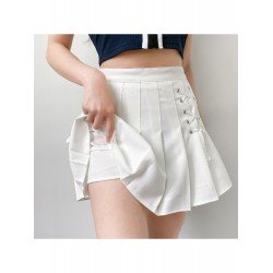 Trendy Tie Wrap Solid White Pleated Short Skirts