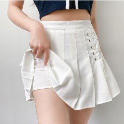 Trendy Tie Wrap Solid White Pleated Short Skirts