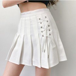 Trendy Tie Wrap Solid White Pleated Short Skirts