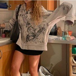  Butterfly Pattern Printing Loose Hooded Collar Coats