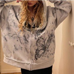  Butterfly Pattern Printing Loose Hooded Collar Coats