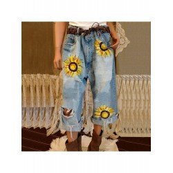  Fashion Flower Printing Ripped Women's Jeans