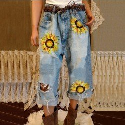  Fashion Flower Printing Ripped Women's Jeans