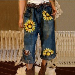  Fashion Flower Printing Ripped Women's Jeans
