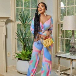  V-Neck Crop Top And Colorblock Loose Trouser Sets