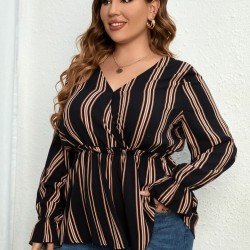 Casual V Neck Striped Women's Long Sleeve Shirt