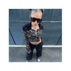 Zebra Stripes Patchwork Cropped Coats For Women  Zebra Stripes Patchwork Cropped Coats For Women