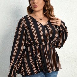  Casual V Neck Striped Women's Long Sleeve Shirt