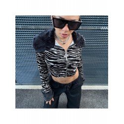 Zebra Stripes Patchwork Cropped Coats For Women  Zebra Stripes Patchwork Cropped Coats For Women