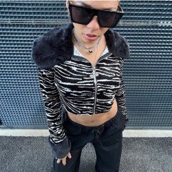  Zebra Stripes Patchwork Cropped Coats For Women