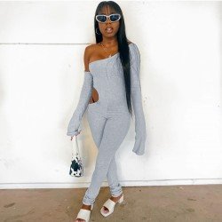  Sexy Irregular Hollowed Out Pure Color Women's Jumpsuit