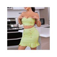  Sexy Pure Color Zipper Strapless Top Ruffle Skirt Sets