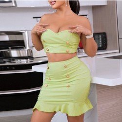  Sexy Pure Color Zipper Strapless Top Ruffle Skirt Sets